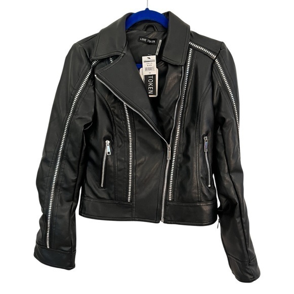Bloomingdales Xs Love Token Black Faux Leather Jacket Nwt